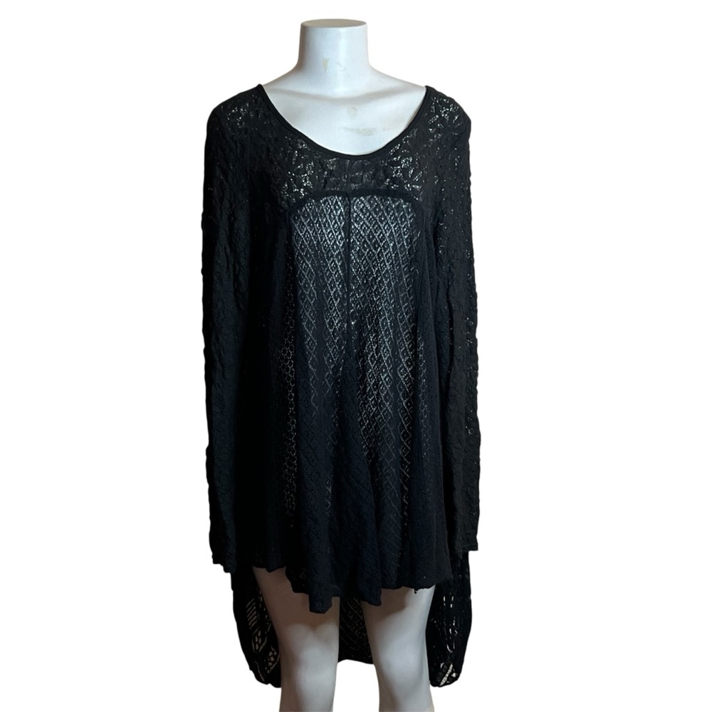 Free People Black Knit Tunic Top High Low Long Sleeve Sheer Boho Festival Size M